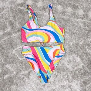 ZAFUL | Colorful High Waisted Bikini Scoop Neck Tie Front Bikini size XL